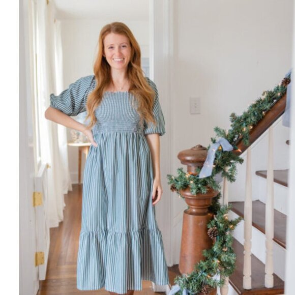 Maxwell & Geraldine Charlotte Smocked Striped Midi Dress Forest Green - Picture 1 of 10